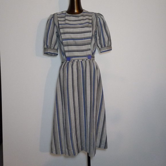 short-sleeve pinafore crew-neck dress, vintage late 1970s-1980s, made in Canada - Picture 1 of 16